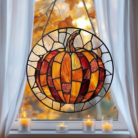 Pumpkin Stained Glass Suncatcher, Stained Glass Autumn Window Hanging, Fall Vibes Decor, Thanksgiving or Halloween Gift, Autumn Suncatcher