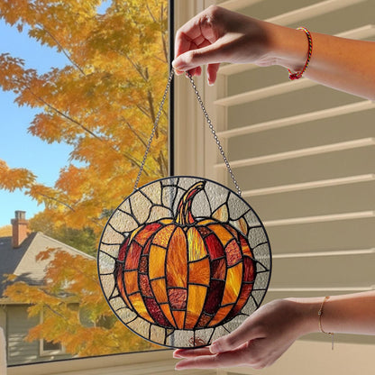 Pumpkin Stained Glass Suncatcher, Stained Glass Autumn Window Hanging, Fall Vibes Decor, Thanksgiving or Halloween Gift, Autumn Suncatcher