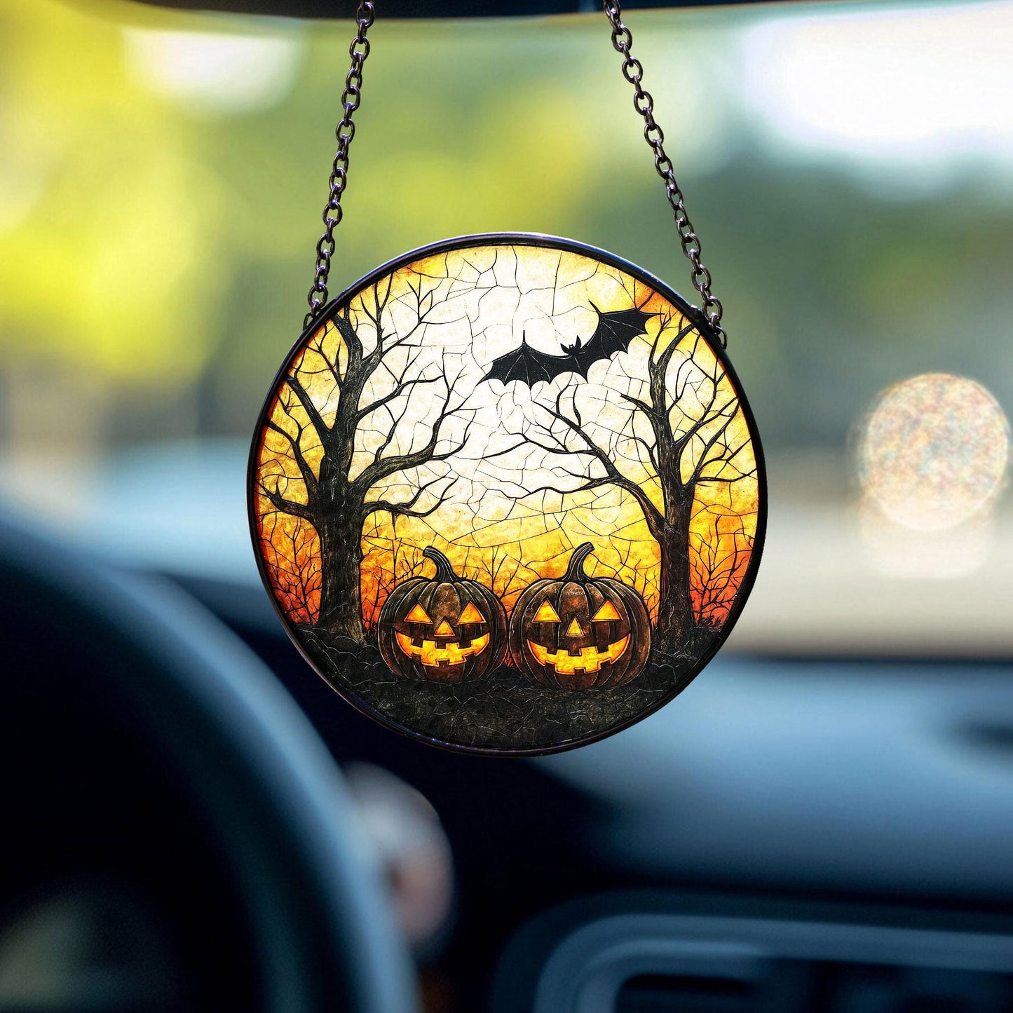 Halloween Pumpkin Glass Suncatcher, Glass Hanging with Jack-o’-Lanterns, Bat and Spooky Trees for Fall Decor, Haunted Home or Witchy Gifts
