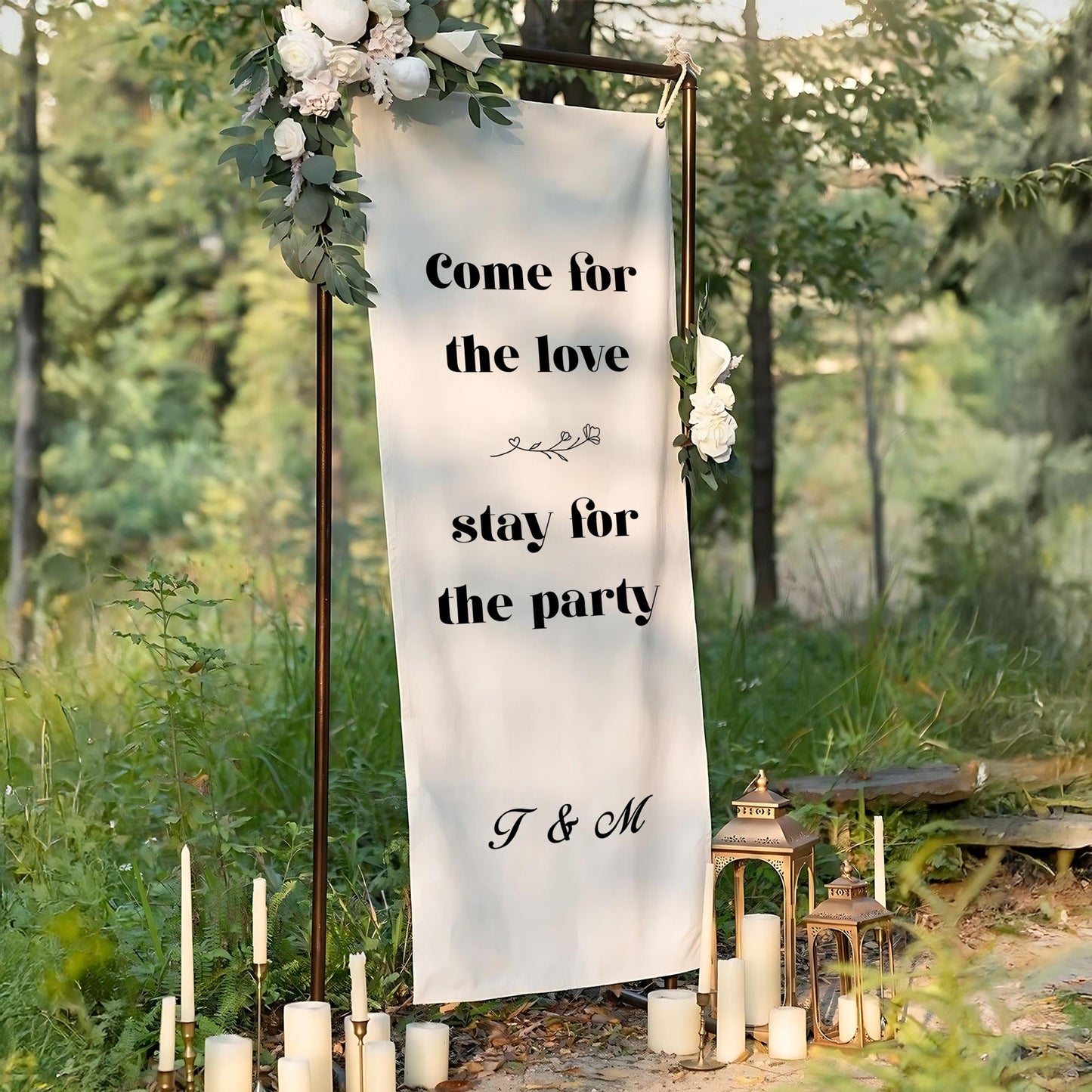 Come for the Love Wedding Banner – Funny Fabric Welcome Sign with Custom Initials, Modern Minimalist Ceremony or Reception Party Decor