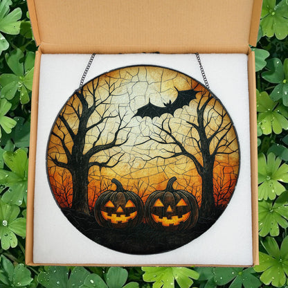 Halloween Pumpkin Glass Suncatcher, Glass Hanging with Jack-o’-Lanterns, Bat and Spooky Trees for Fall Decor, Haunted Home or Witchy Gifts