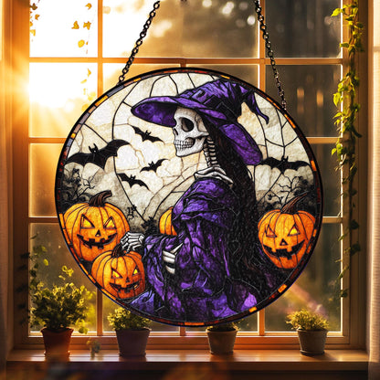 Witch Skeleton Halloween Suncatcher, Gothic Purple Witch with Pumpkins and Bats – Creepy Window Decor for Haunted House, Fall Gothic Home