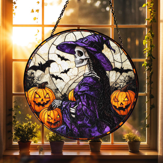 Witch Skeleton Halloween Suncatcher, Gothic Purple Witch with Pumpkins and Bats – Creepy Window Decor for Haunted House, Fall Gothic Home