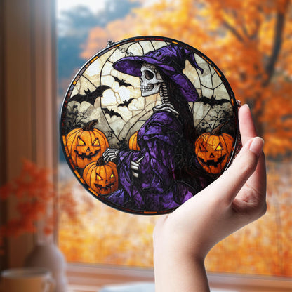 Witch Skeleton Halloween Suncatcher, Gothic Purple Witch with Pumpkins and Bats – Creepy Window Decor for Haunted House, Fall Gothic Home