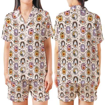 Coquette Girly Halloween Satin Pajamas Set, Spooky Season Short Long Sleeve Pajama Set, Boo Ghost Sleepwear, Cute Halloween Pajamas Set