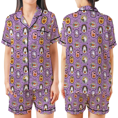 Coquette Girly Halloween Satin Pajamas Set, Spooky Season Short Long Sleeve Pajama Set, Boo Ghost Sleepwear, Cute Halloween Pajamas Set