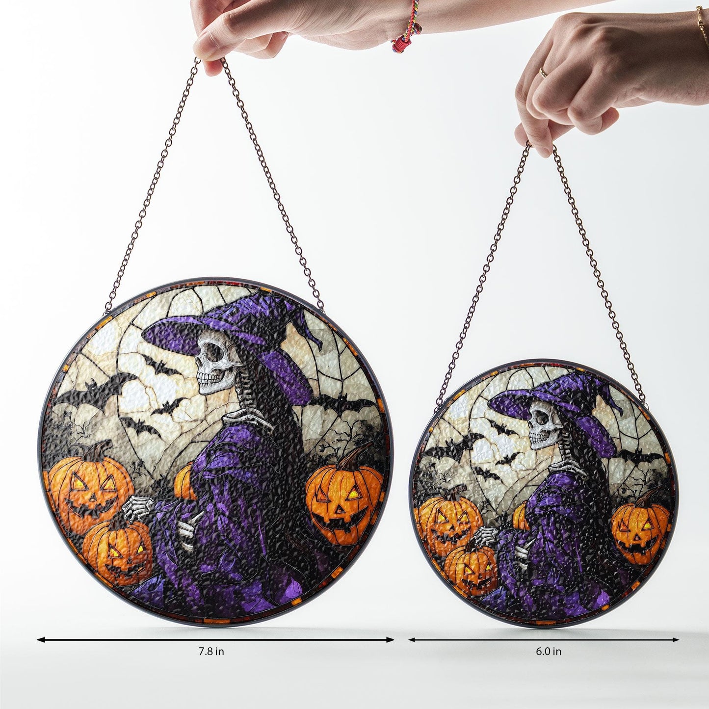 Witch Skeleton Halloween Suncatcher, Gothic Purple Witch with Pumpkins and Bats – Creepy Window Decor for Haunted House, Fall Gothic Home
