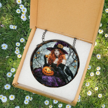 Halloween Witch Suncatcher, Gothic Witch with Pumpkin and Ravens, Spooky Window Hanging for Halloween Decor, Fall Gifts, Witchy Home Vibes