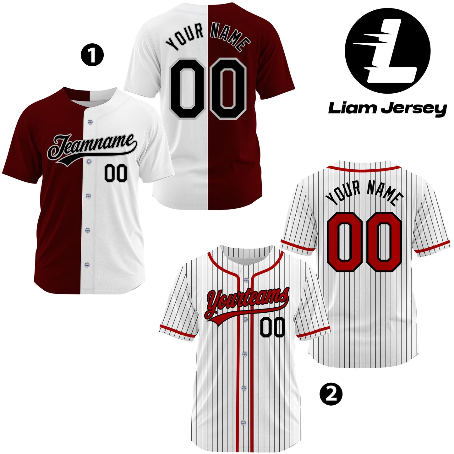 Custom Gradient Maroon White Baseball Jersey Men Women Kid Youth, Custom White Red Pinstripe Baseball Jersey Name Number Logo Baseball Shirt