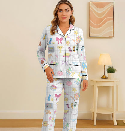 School Supplies Pajamas Set, Back To School Sleepwear, 1st Of School Pyjamas, Cute Homewear For Student, Teacher Appreciation Gift