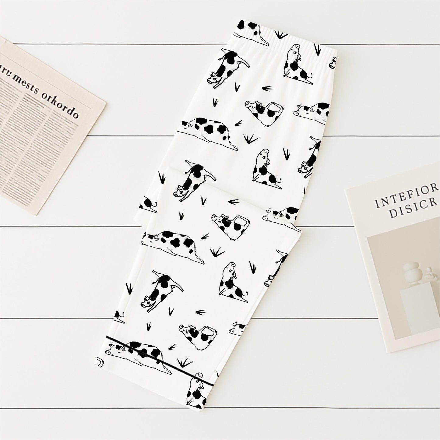 Yoga Dairy Cow Pajamas Set, Funny Cow Poses Sleepwear, Farm Animal Homewear, Dairy Cow Farm Gift, Cute Dairy Cow Pajamas