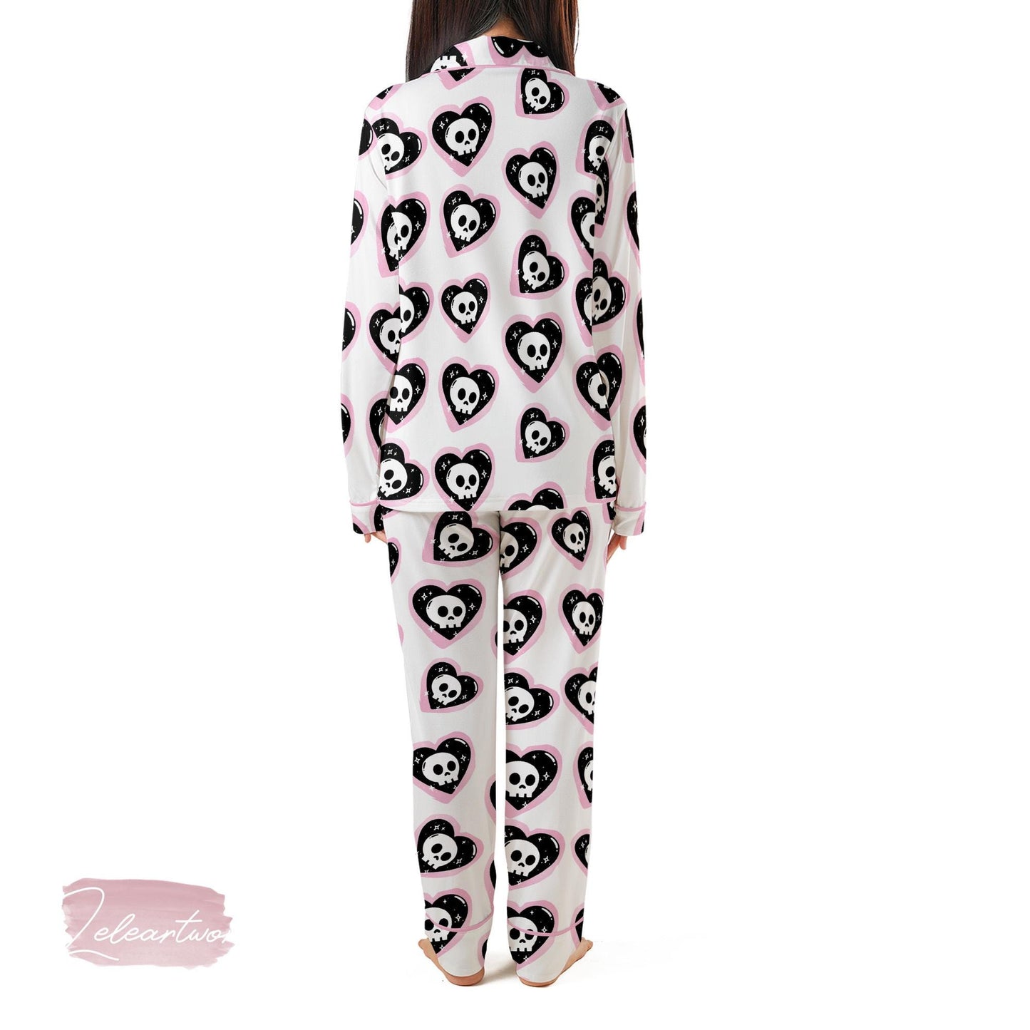 Sweetheart Skulls Pajama Set – Pink Goth Heart Skull Short Sleeve Sleepwear, Cute Alternative Loungewear Gift for Her