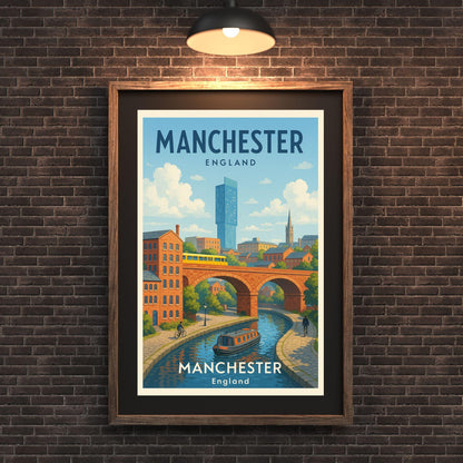 Manchester Cityscape Skyline Poster Wall Art, Map of Manchester UK, Home Decor Gift for Wedding & Birthday, Man United Oasis Man City Poster