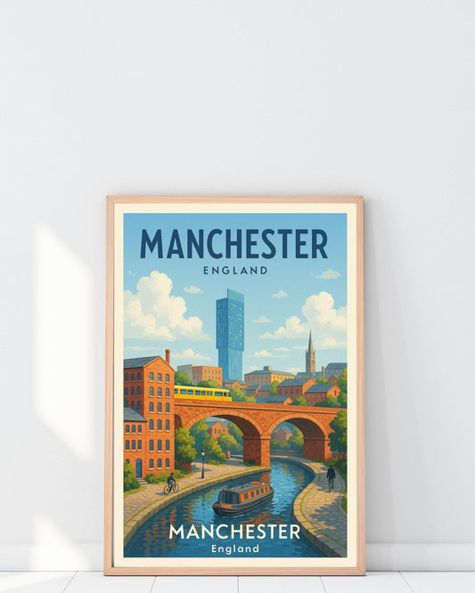 Manchester Cityscape Skyline Poster Wall Art, Map of Manchester UK, Home Decor Gift for Wedding & Birthday, Man United Oasis Man City Poster