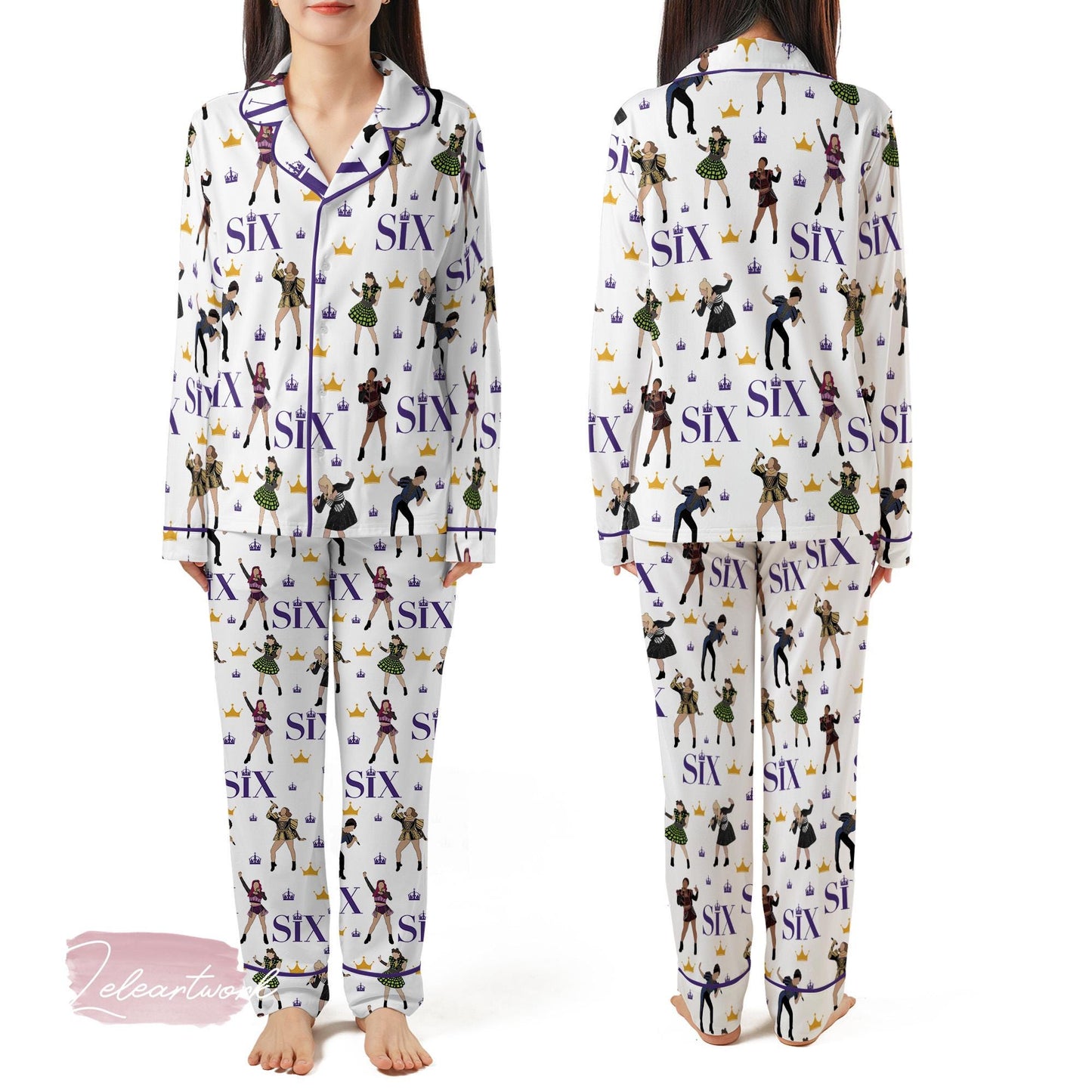 Six Musical Satin Pajama Set – Broadway Queen Sleepwear, Silky Theater PJs with Six the Musical Print, Gift for Musical Fans Lovers