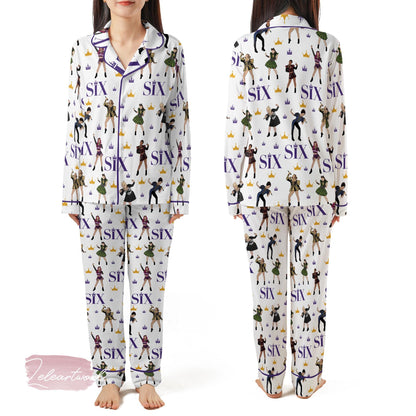 Six Musical Satin Pajama Set – Broadway Queen Sleepwear, Silky Theater PJs with Six the Musical Print, Gift for Musical Fans Lovers