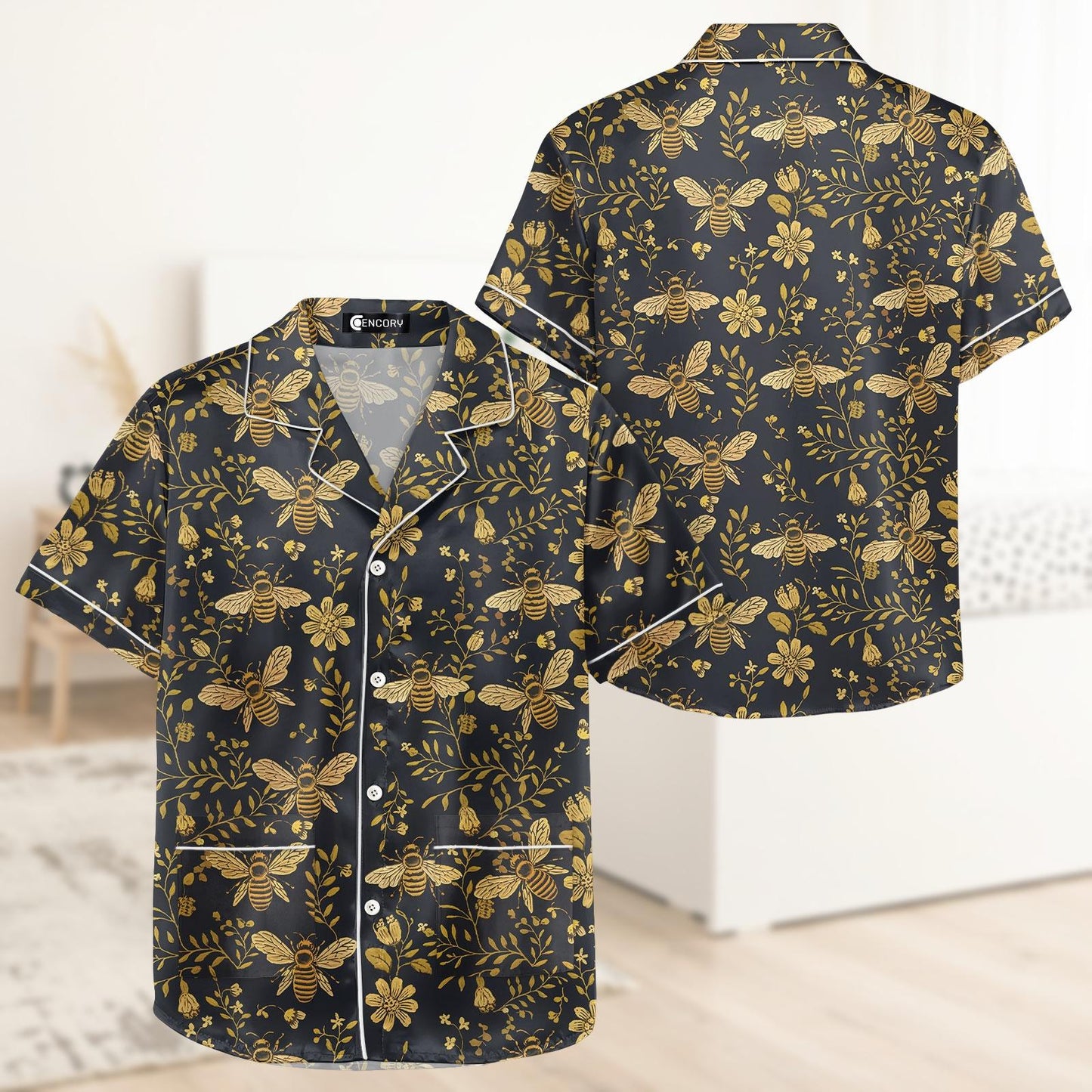 Bee Floral Short Satin Pajamas, Cute Nature Silk Pajamas For Women, Soft Garden Nightwear Pajamas For Her, Cozy Summer Pajamas Shorts