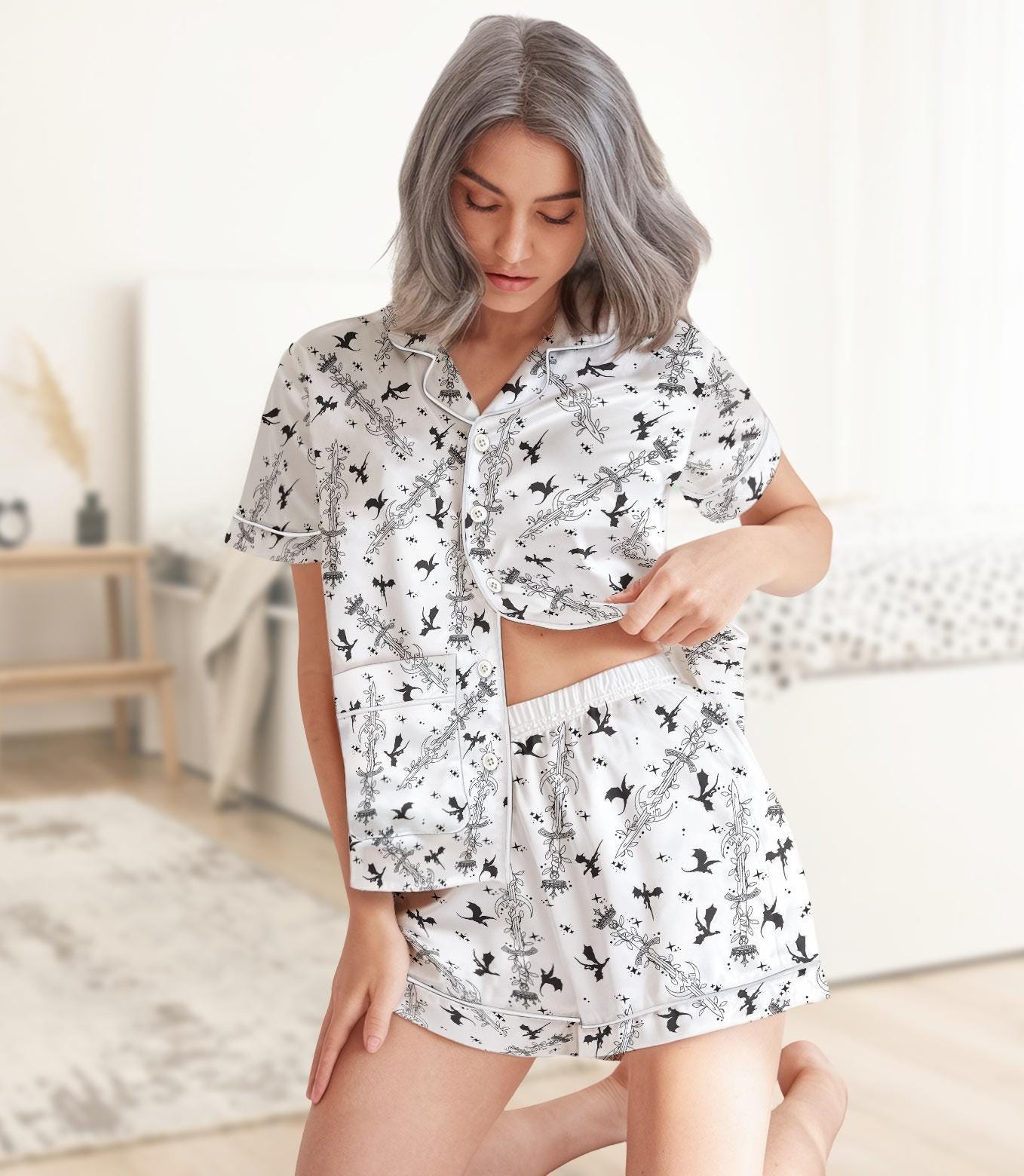 Fourth Wing Short Satin Pajamas, Dragon Bookish Short Sleeve Pajamas, Fantasy Dragon Silk Pajamas For Women, Fly Or Die Pajamas Set