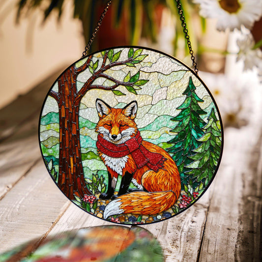 Red fox with scarf forest stained glass suncatcher woodland animal window decor Christmas gift