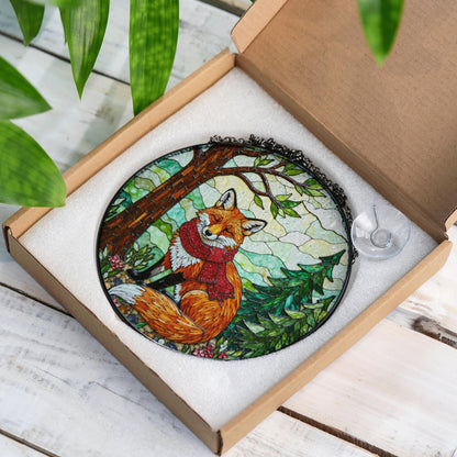 Red fox with scarf forest stained glass suncatcher woodland animal window decor Christmas gift