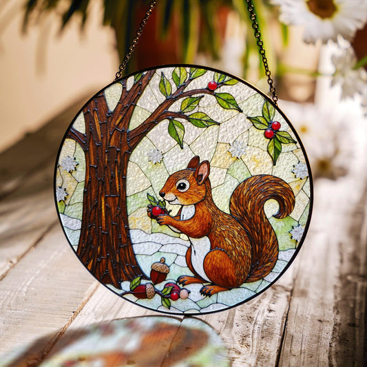 Cute Squirrel Tree Scene Stained Glass Suncatcher Woodland Decor Gift for Fall Nature Lover Friend