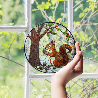 Cute Squirrel Tree Scene Stained Glass Suncatcher Woodland Decor Gift for Fall Nature Lover Friend