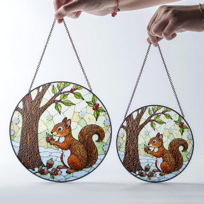 Cute Squirrel Tree Scene Stained Glass Suncatcher Woodland Decor Gift for Fall Nature Lover Friend