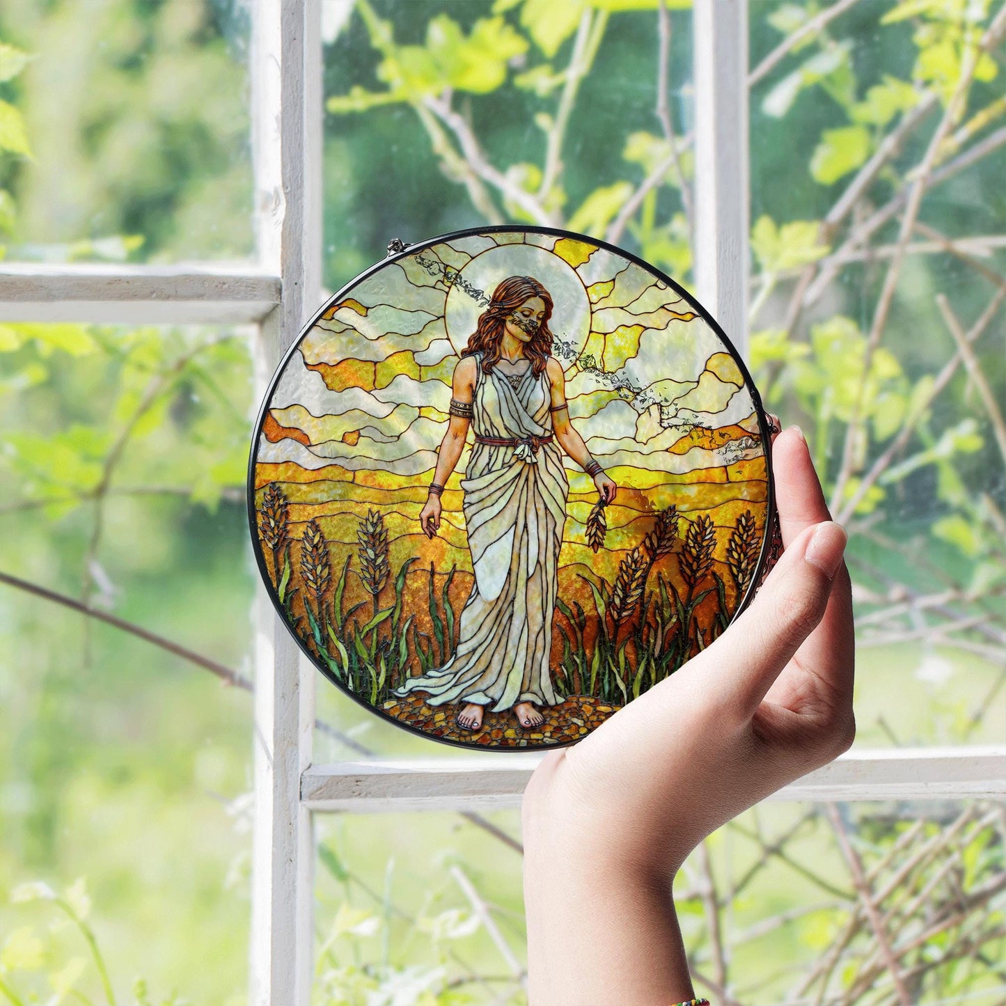 Goddess in wheat field stained glass suncatcher window hanging gift for mom birthday or harvest holiday