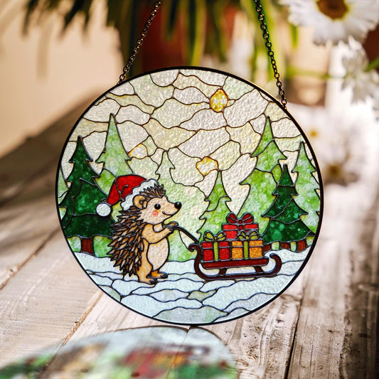 Cute Hedgehog Pulling Sleigh Stained Glass Suncatcher Christmas Window Decor Gift for Kids or Animal Lovers