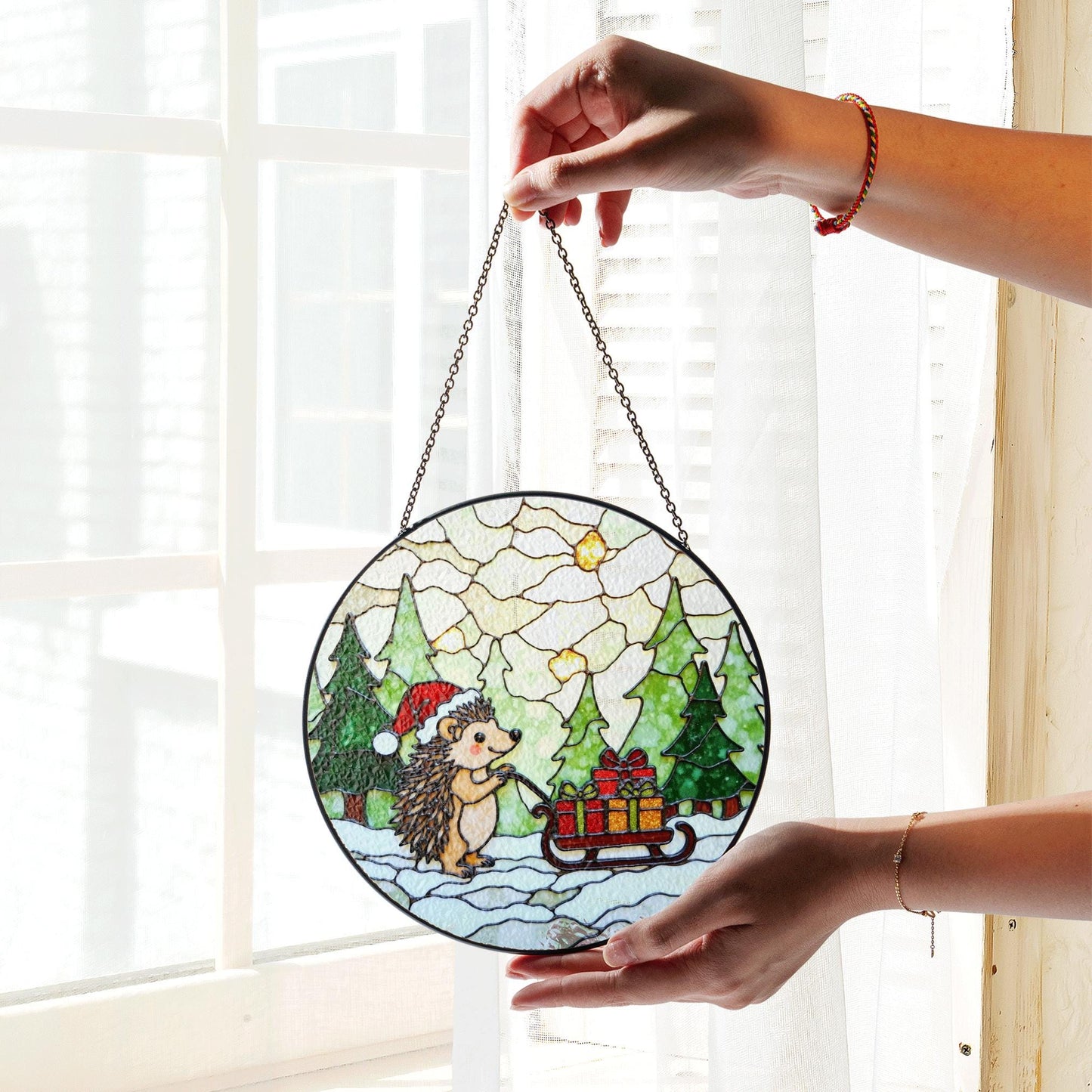 Cute Hedgehog Pulling Sleigh Stained Glass Suncatcher Christmas Window Decor Gift for Kids or Animal Lovers
