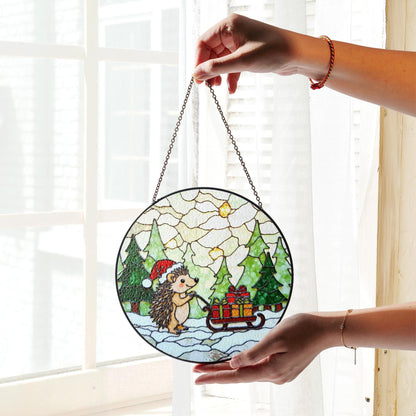 Cute Hedgehog Pulling Sleigh Stained Glass Suncatcher Christmas Window Decor Gift for Kids or Animal Lovers