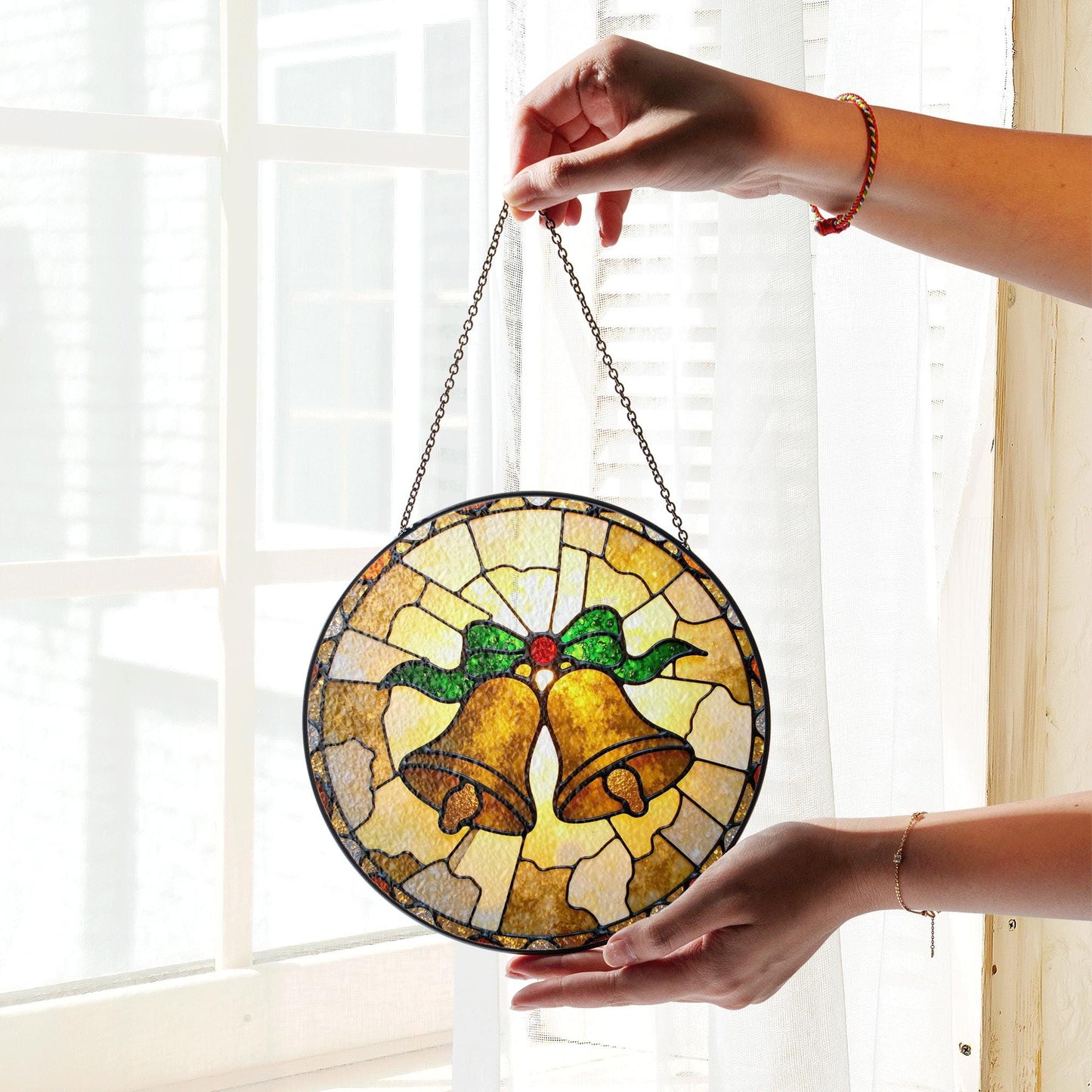Golden bell stained glass suncatcher Christmas window decor gift
