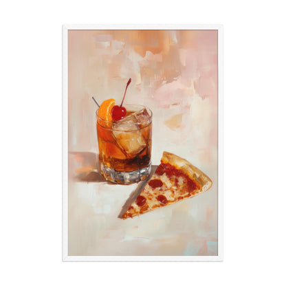 Old Fashioned Cocktail with Pizza Slice Art Print | Cute Quirky Whimsical | Cocktail Bar Cart Decor | Pizza Art Gift | Trendy Home Wall Art