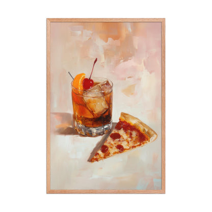 Old Fashioned Cocktail with Pizza Slice Art Print | Cute Quirky Whimsical | Cocktail Bar Cart Decor | Pizza Art Gift | Trendy Home Wall Art