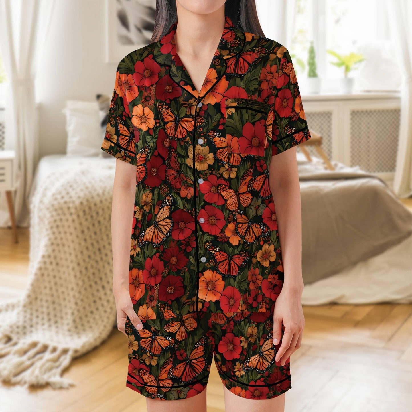 Monarch Butterfly Short Sleeves Pajama Set, Butterfly and Flowers Woman's Satin Pajama Gift Pajamas Short Sleeve Shorts