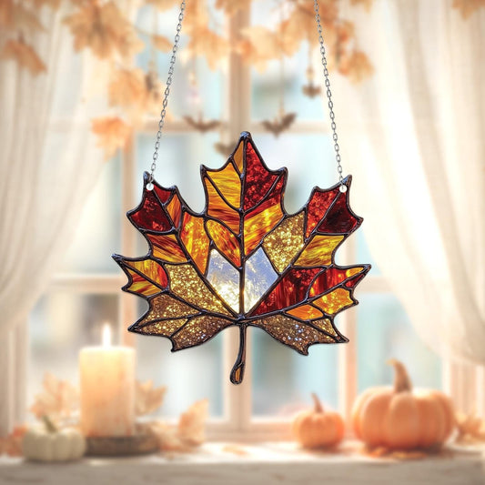 Autumn Window Hanging Maple Leaf with Warm Fall Colors – Cozy Seasonal Home Decor Perfect for Thanksgiving and Harvest Vibes