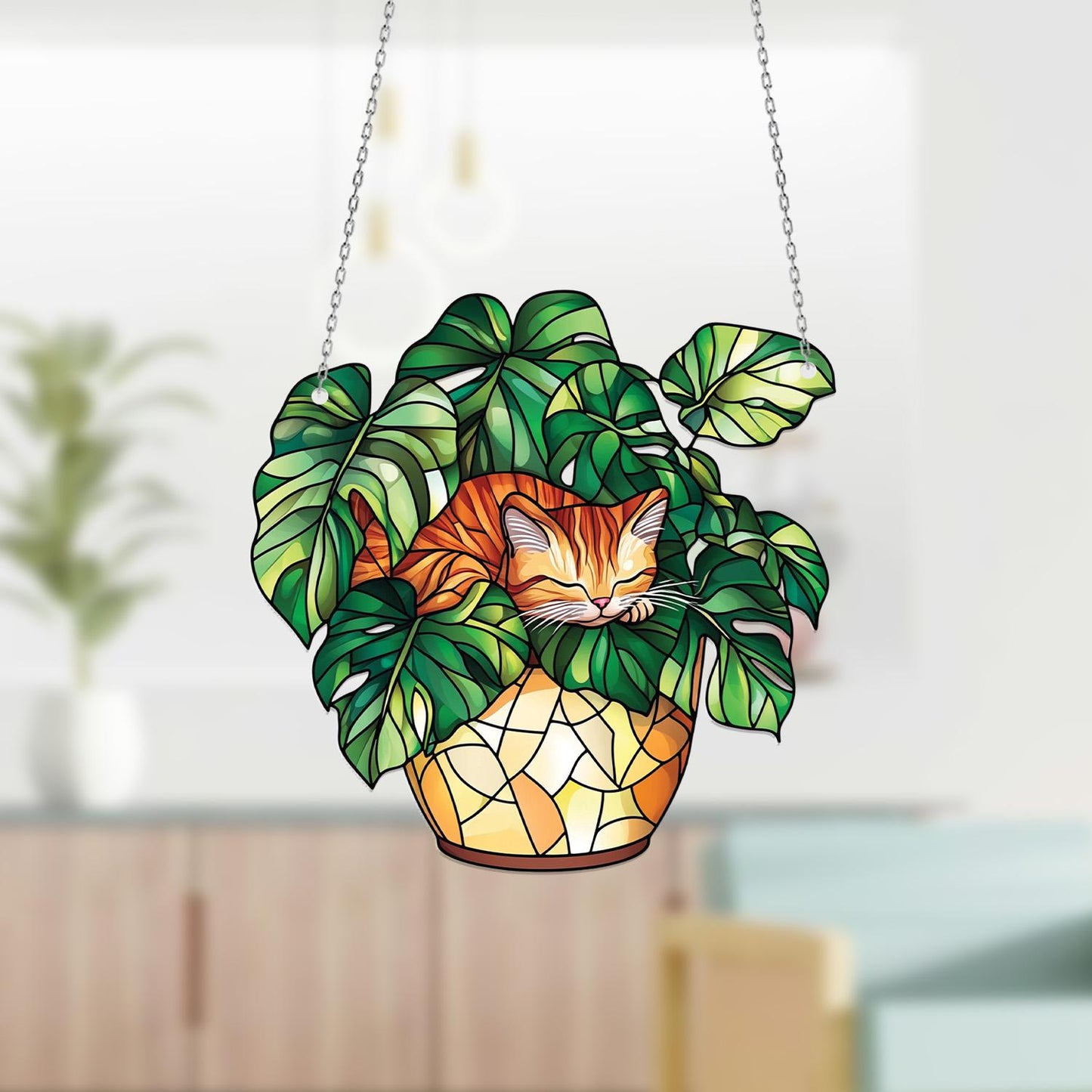 Cat Window Hanging Sleeping in Monstera Leaves – Cozy Botanical Decor for Nature Lovers and Whimsical Home Style