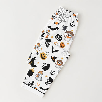 Halloween Pattern Pajamas Set, Ghost Black Cat Pumpkin Bat Spider Skull Homewear, Spooky Season Sleepwear, Fall Season Matching Set