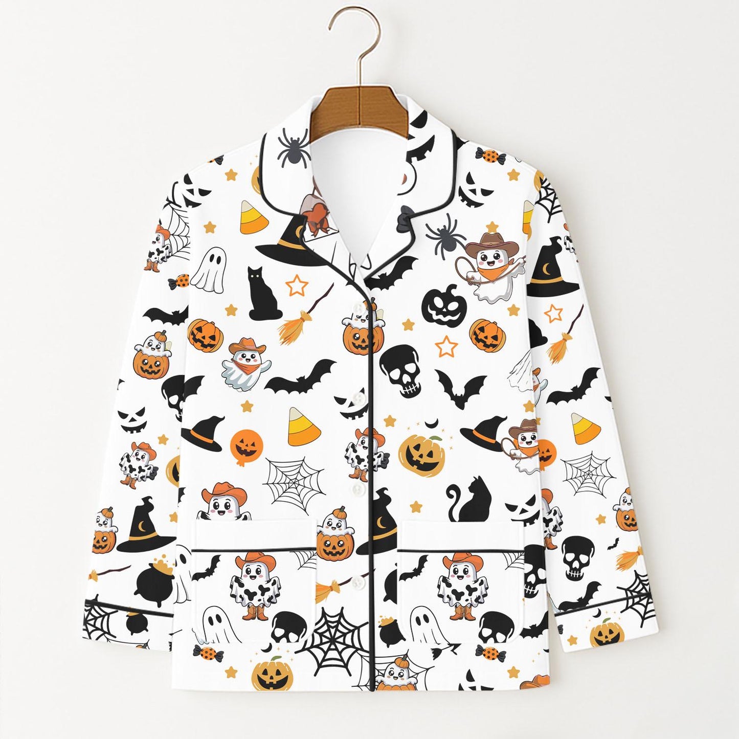 Halloween Pattern Pajamas Set, Ghost Black Cat Pumpkin Bat Spider Skull Homewear, Spooky Season Sleepwear, Fall Season Matching Set