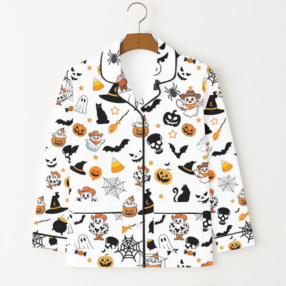 Halloween Pattern Pajamas Set, Ghost Black Cat Pumpkin Bat Spider Skull Homewear, Spooky Season Sleepwear, Fall Season Matching Set