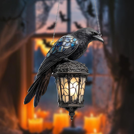 Raven Gothic on Lantern Acrylic Window Hanging, Halloween Crow on Lamp Decor, Halloween Decor, Dark Academia Decor, Witchcraft Home Decor