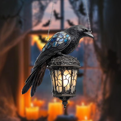 Raven Gothic on Lantern Acrylic Window Hanging, Halloween Crow on Lamp Decor, Halloween Decor, Dark Academia Decor, Witchcraft Home Decor