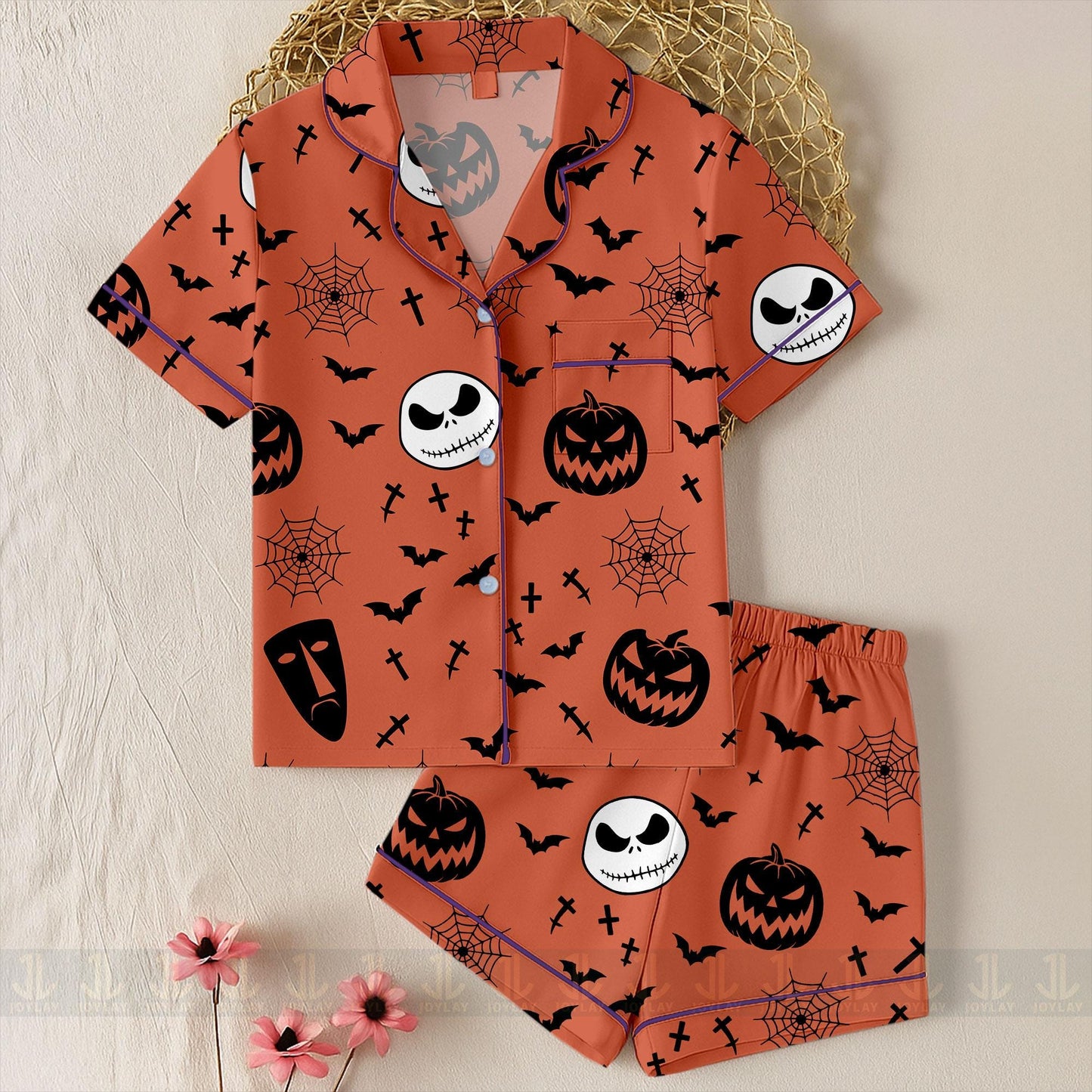 Jack Skeleton Skellington Nightmare Xmas Unisex  Satin Pajamas Set, Nightmare Before Christmas Shirt, Long Sleeve And Short Styles