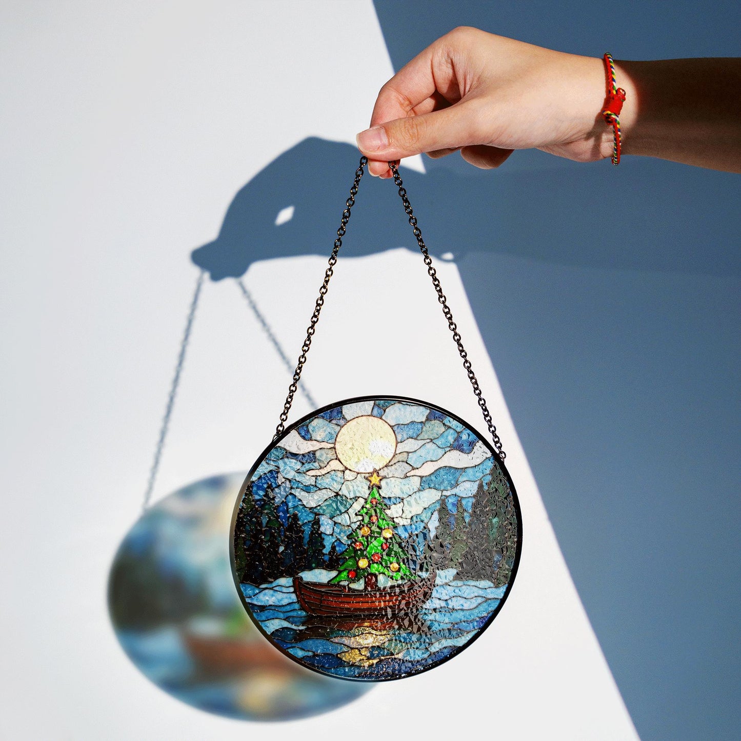 Christmas Tree Boat Moonlight Suncatcher Stained Glass Window Decor Gift for Holiday Lovers