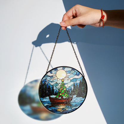 Christmas Tree Boat Moonlight Suncatcher Stained Glass Window Decor Gift for Holiday Lovers