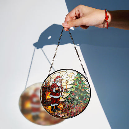 Santa by Christmas Tree Round Glass Suncatcher Holiday Window Decor Christmas Gift for Mom