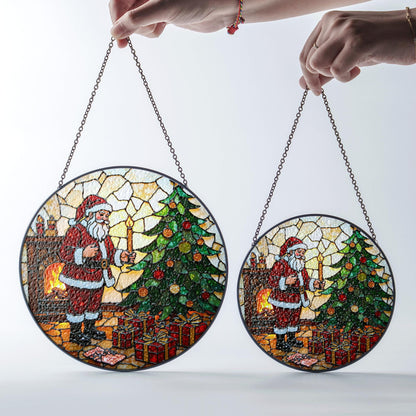 Santa by Christmas Tree Round Glass Suncatcher Holiday Window Decor Christmas Gift for Mom