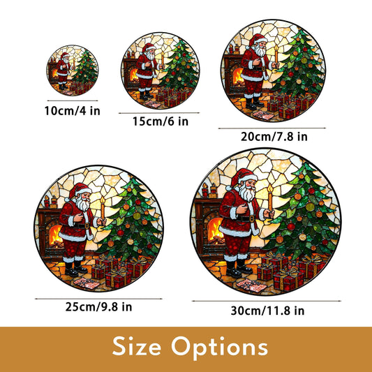 Santa by Christmas Tree Round Glass Suncatcher Holiday Window Decor Christmas Gift for Mom