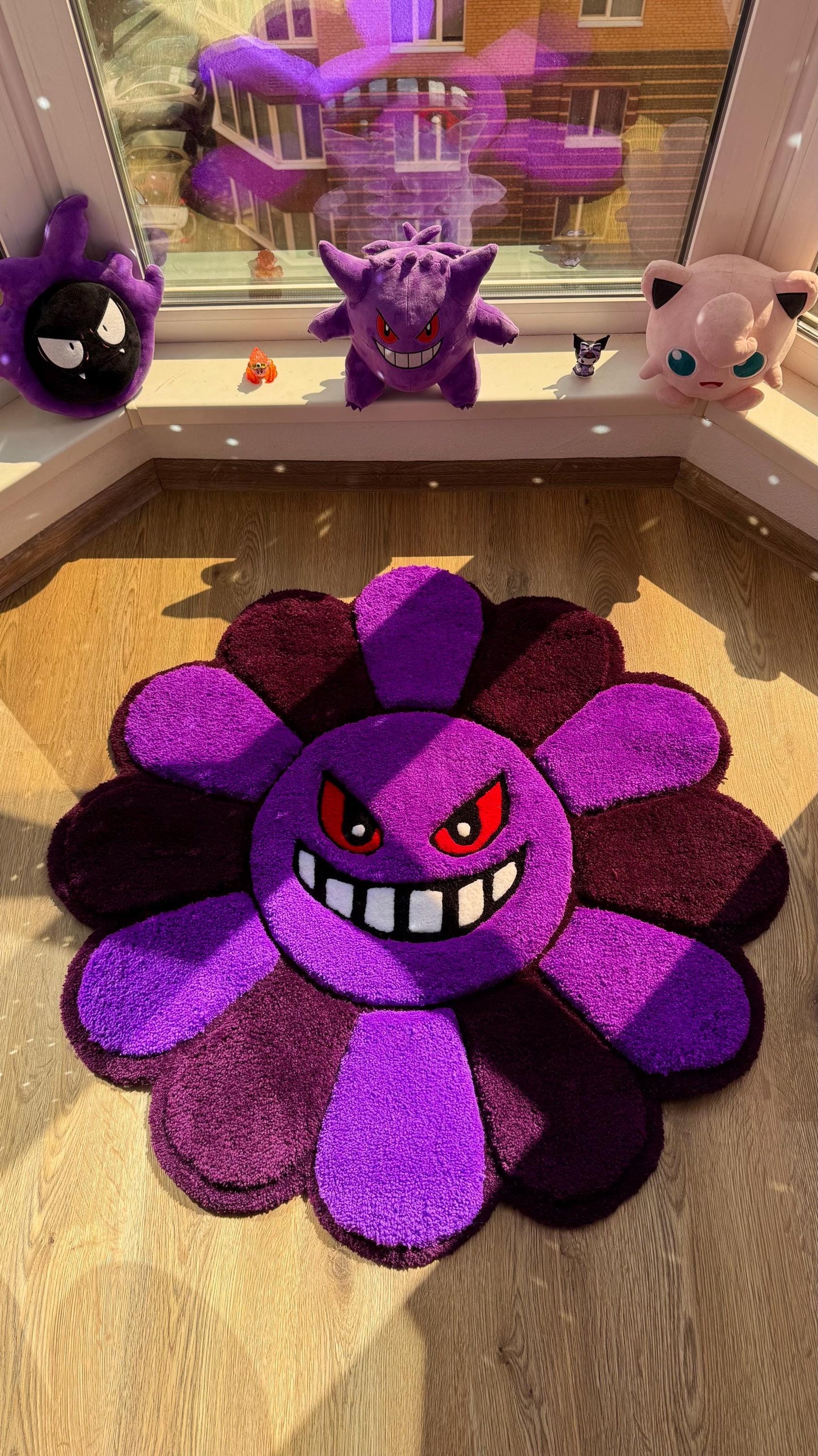 Evil Flower Gengar Puffy Tufted Rug – Custom Handmade 3D Carpet, Fluffy Kawaii Goth Decor, Creepy-Cute Rug for Bedroom size 3 x 3 ft