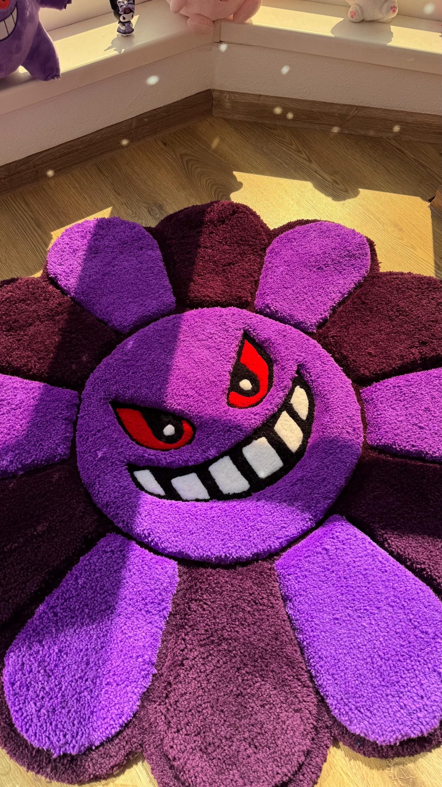 Evil Flower Gengar Puffy Tufted Rug – Custom Handmade 3D Carpet, Fluffy Kawaii Goth Decor, Creepy-Cute Rug for Bedroom size 3 x 3 ft